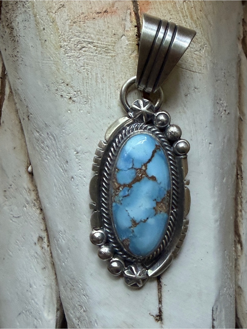 Handcrafted Native American Sterling Silver Golden Hills Turquoise Oval Pendant